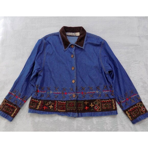 Vintage Tantrum Blues Denim Jacket Large Southwest Leather Boho (BUNDLE PRICE $7 - Picture 1 of 6